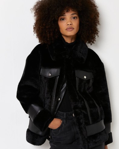 RIVER ISLAND BLACK FAUX FUR COAT ~ womens faux leather trimmed winter coats - flipped