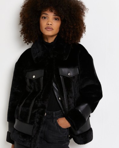 RIVER ISLAND BLACK FAUX FUR COAT ~ womens faux leather trimmed winter coats