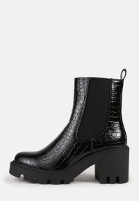 MISSGUIDED black faux leather mock croc patent chelsea boots ~ womens chunky crocodile effect footwear