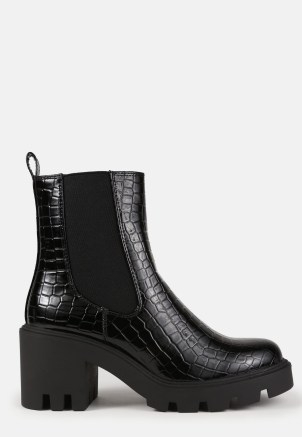 MISSGUIDED black faux leather mock croc patent chelsea boots ~ womens chunky crocodile effect footwear - flipped