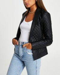 RIVER ISLAND BLACK FAUX LEATHER QUILTED BLAZER ~ womens diamond quilt detail blazers