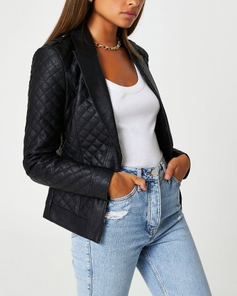 RIVER ISLAND BLACK FAUX LEATHER QUILTED BLAZER ~ womens diamond quilt detail blazers - flipped