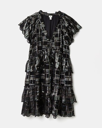 RIVER ISLAND BLACK FRILL DETAIL GEO LUREX PRINT MINI DRESS / ruffled metallic thread dresses - flipped