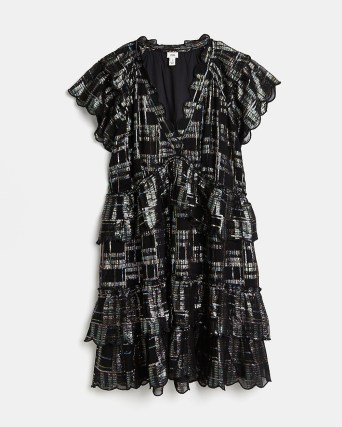 RIVER ISLAND BLACK FRILL DETAIL GEO LUREX PRINT MINI DRESS / ruffled metallic thread dresses