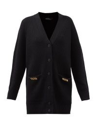 VERSACE Greca-plaque ribbed-wool cardigan in black / womens oversized embellished pocket cadigans / women’s designer knitwear