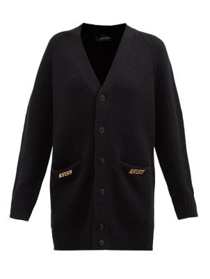 VERSACE Greca-plaque ribbed-wool cardigan in black / womens oversized embellished pocket cadigans / women’s designer knitwear - flipped
