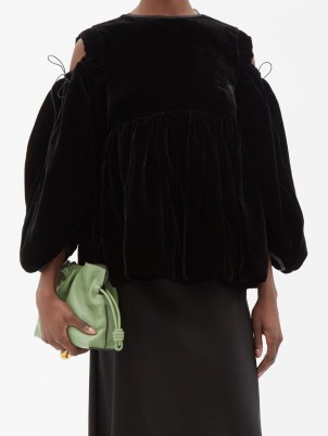 CECILIE BAHNSEN Jak puff-sleeve cut-out black velvet blouse – voluminous romantic evening tops – romance inspired occasion fashion