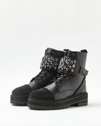 RIVER ISLAND BLACK LEATHER EMBELLISHED BIKER BOOTS ~ womens chunky footwear ~ women’s buckle detail diamante boots