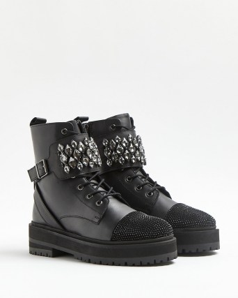 RIVER ISLAND BLACK LEATHER EMBELLISHED BIKER BOOTS ~ womens chunky footwear ~ women’s buckle detail diamante boots - flipped