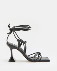 RIVER ISLAND BLACK LEATHER KNOTTED TIE UP HEELED SANDALS / strappy square toe evening heels