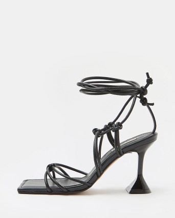 RIVER ISLAND BLACK LEATHER KNOTTED TIE UP HEELED SANDALS / strappy square toe evening heels - flipped
