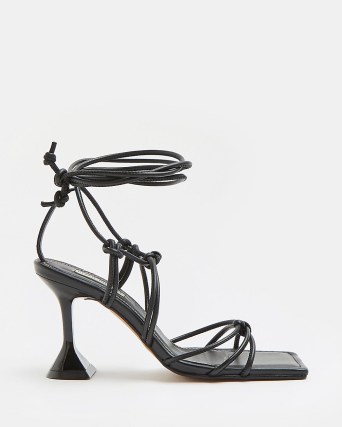 RIVER ISLAND BLACK LEATHER KNOTTED TIE UP HEELED SANDALS / strappy square toe evening heels