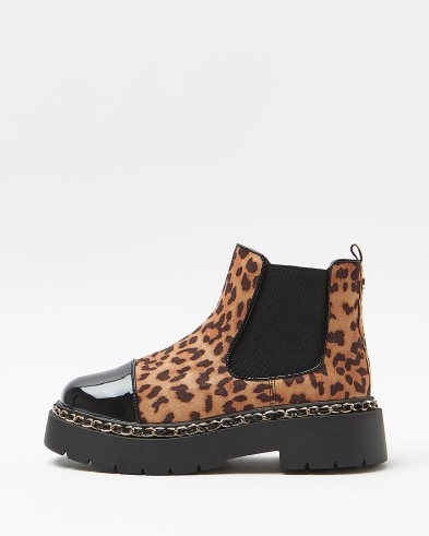 RIVER ISLAND BLACK LEOPARD CHAIN DETAIL CHELSEA BOOTS ~ womens chunky animal print footwear