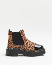 RIVER ISLAND BLACK LEOPARD CHAIN DETAIL CHELSEA BOOTS ~ womens wild cat footwear ~ women’s chunky animal print boot