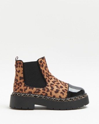 RIVER ISLAND BLACK LEOPARD CHAIN DETAIL CHELSEA BOOTS ~ womens wild cat footwear ~ women’s chunky animal print boot