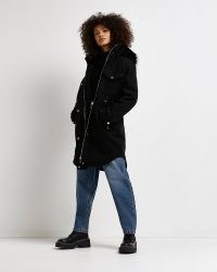 RIVER ISLAND BLACK LONGLINE WOOL PARKA COAT / women’s on-trend parkas / faux fur trimmed hooded coats