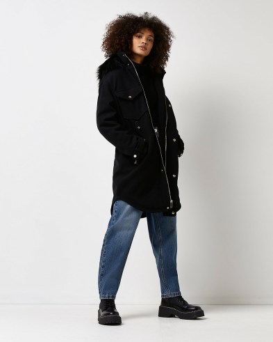 RIVER ISLAND BLACK LONGLINE WOOL PARKA COAT / women’s on-trend parkas / faux fur trimmed hooded coats - flipped