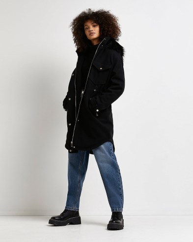 RIVER ISLAND BLACK LONGLINE WOOL PARKA COAT / women’s on-trend parkas / faux fur trimmed hooded coats