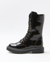 RIVER ISLAND BLACK PATENT BIKER BOOTS / womens high shine lace up combat style boots