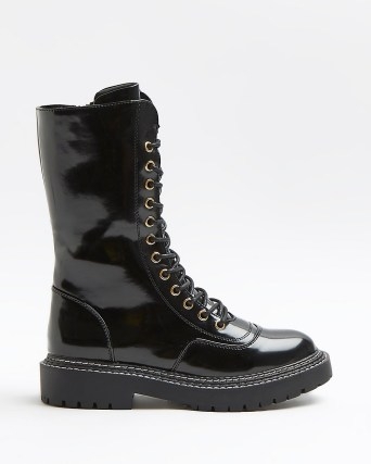 RIVER ISLAND BLACK PATENT BIKER BOOTS / womens high shine lace up combat style boots - flipped
