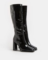 RIVER ISLAND BLACK PATENT KNEE HIGH BOOTS / women’s shiny winter boots / women’s high shine footwear