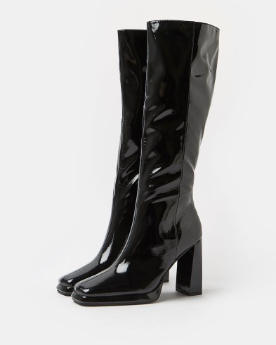 RIVER ISLAND BLACK PATENT KNEE HIGH BOOTS / women’s shiny winter boots / women’s high shine footwear - flipped