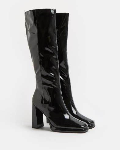 RIVER ISLAND BLACK PATENT KNEE HIGH BOOTS / women’s shiny winter boots / women’s high shine footwear