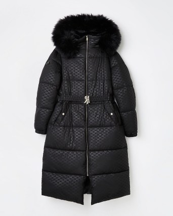 RIVER ISLAND BLACK RI MONOGRAM JACQUARD PUFFER COAT ~ womens padded longline coats ~ women’s belted faux fur hood winter outerwear - flipped