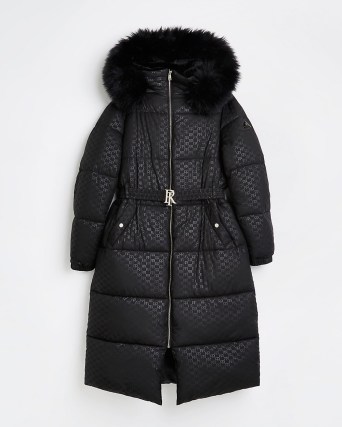 RIVER ISLAND BLACK RI MONOGRAM JACQUARD PUFFER COAT ~ womens padded longline coats ~ women’s belted faux fur hood winter outerwear