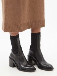 JIL SANDER Ribbed-panel black leather boots ~ women’s sock style chunky heel boots