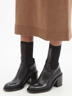 JIL SANDER Ribbed-panel black leather boots ~ women’s sock style chunky heel boots - flipped