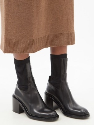 JIL SANDER Ribbed-panel black leather boots ~ women’s sock style chunky heel boots