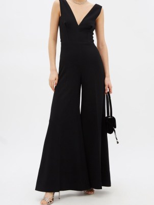 EMILIA WICKSTEAD Ross double-faced crepe wide-leg jumpsuit in black | chic tailored evening jumpsuits | glamorous designer party fashion - flipped