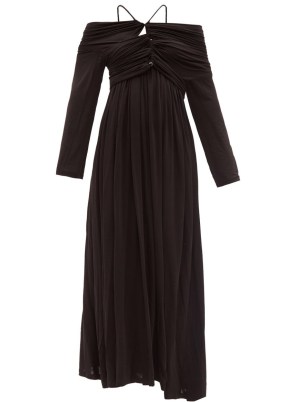 PALMER//HARDING Ruched off-the-shoulder midi dress in black ~ bohemian asymmetric hem dresses ~ bardot boho fashion - flipped