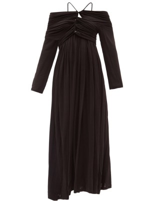 PALMER//HARDING Ruched off-the-shoulder midi dress in black ~ bohemian asymmetric hem dresses ~ bardot boho fashion