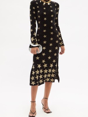 PACO RABANNE Starlight jacquard-knit midi dress in black / gold ~ chic evening event dresses with a touch of glamour ~ metallic stars on occasion fashion - flipped