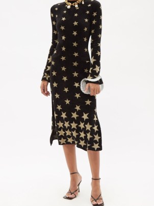 PACO RABANNE Starlight jacquard-knit midi dress in black / gold ~ chic evening event dresses with a touch of glamour ~ metallic stars on occasion fashion