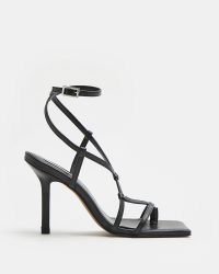 RIVER ISLAND BLACK STRAPPY HEELED SANDALS ~ square toe ankle strap stiletto heels ~ essential go with any outfit high heels ~ womens on-trend going out evening footwear
