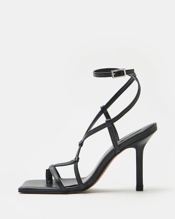 RIVER ISLAND BLACK STRAPPY HEELED SANDALS ~ square toe ankle strap stiletto heels ~ essential go with any outfit high heels ~ womens on-trend going out evening footwear - flipped