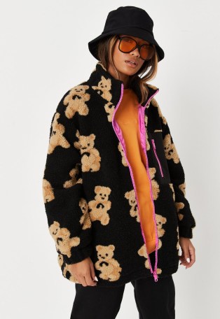 MISSGUIDED black teddy borg zip through jacket ~ teddies on womens textured faux fur jackets ~ cute bears on women’s fashionable outerwear