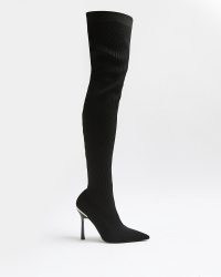RIVER ISLAND BLACK THIGH HIGH RIBBED SOCK BOOTS ~ stiletto heel long boots