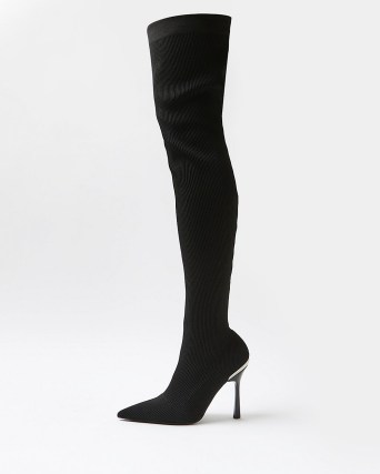 RIVER ISLAND BLACK THIGH HIGH RIBBED SOCK BOOTS ~ stiletto heel long boots - flipped