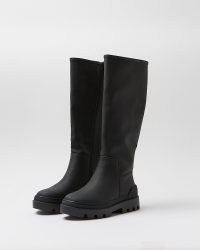 RIVER ISLAND BLACK WIDE FIT CHUNKY RUBBER KNEE HIGH BOOTS / womens casual pull on boots
