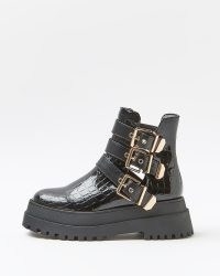 RIVER ISLAND BLACK WIDE FIT CUT OUT BUCKLED BIKER BOOTS ~ women’s chunky triple buckle boot ~ womens casual croc effect footwear