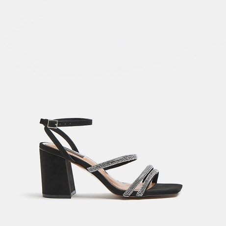RIVER ISLAND BLACK WIDE FIT EMBELLISHED HEELED SANDALS ~ block heel party shoes ~ womens square toe evening heels - flipped