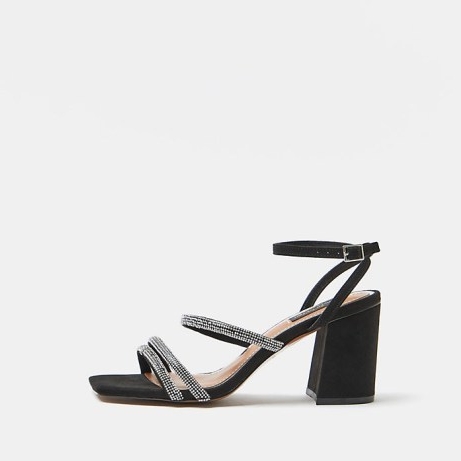 RIVER ISLAND BLACK WIDE FIT EMBELLISHED HEELED SANDALS ~ block heel party shoes ~ womens square toe evening heels