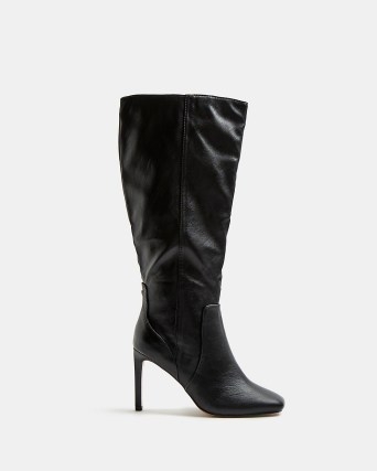 RIVER ISLAND BLACK WIDE FIT KNEE HIGH HEELED BOOTS ~ stiletto heel winter footwear - flipped