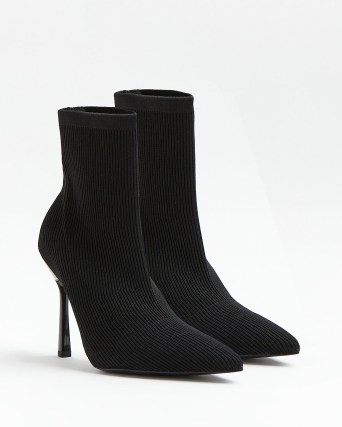 RIVER ISLAND BLACK WIDE FIT POINTED TOE HEELED SOCK BOOTS ~ ribbed high heel booties - flipped