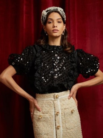sister jane DREAM Sasha Pearl Embellished Blouse in Black | sequinned frill trimmed puff sleeve blouses - flipped