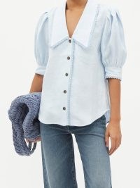 LEE MATHEWS Ali elongated-collar linen blouse in blue – puff sleeve oversized collar blouses – women’s vintage style tops